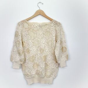 Kyouko Japanese Design Studio Women’s Cream Open Knit Floral Appliqué Crop Sweat